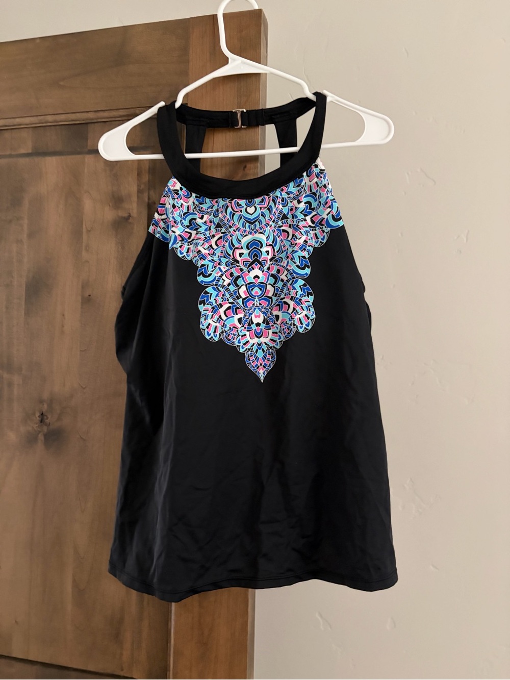 Black Women's Tankini Top with Blue Floral Accent